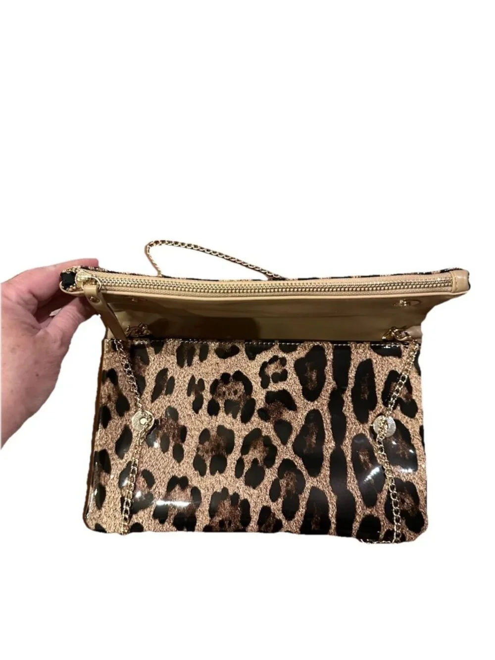 Vinyl Leopard Print Clutch with Gold Crossbody Chain Perfect With Jeans & Heels